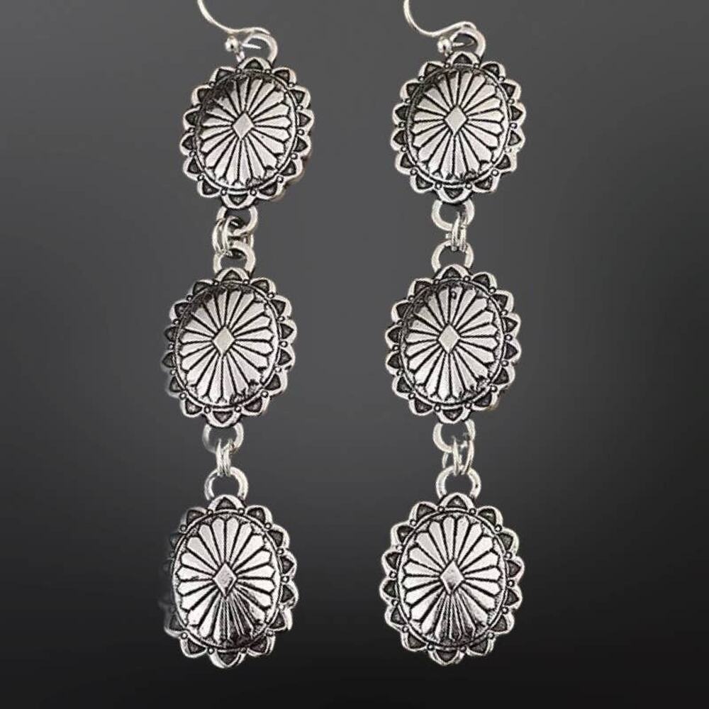 Western Concho Drop Earrings | Antiqued Silver | Sunburst Engraved